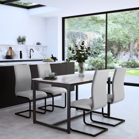 Avenue Dining Table & 4 Perth Chairs, Grey Marble Effect & Black Steel, Light Grey Classic Faux Leather, 120cm