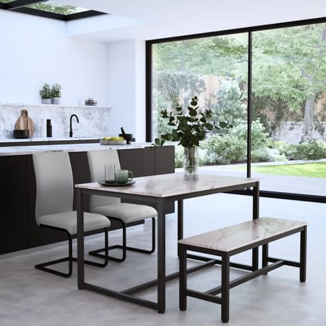 Avenue Dining Table, Bench & 2 Perth Chairs, Grey Marble Effect & Black Steel, Light Grey Classic Faux Leather, 120cm