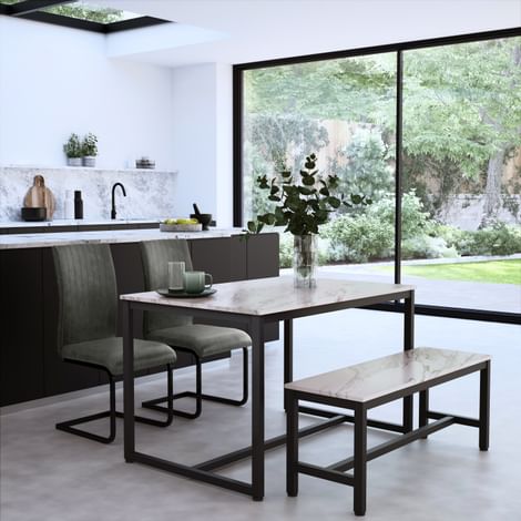 Avenue Dining Table, Bench & 2 Perth Chairs, Grey Marble Effect & Black Steel, Vintage Grey Classic Faux Leather, 120cm