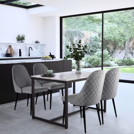 Avenue Dining Table & 4 Ricco Chairs, Grey Marble Effect & Black Steel, Grey Classic Velvet, 120cm