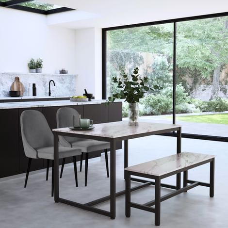 Avenue Dining Table, Bench & 2 Ricco Chairs, Grey Marble Effect & Black Steel, Grey Classic Velvet, 120cm