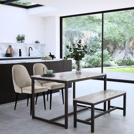Avenue Dining Table, Bench & 2 Ricco Chairs, Grey Marble Effect & Black Steel, Champagne Classic Velvet, 120cm
