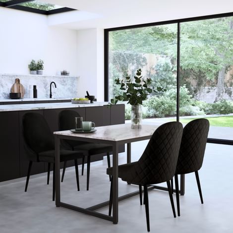 Avenue Dining Table & 4 Ricco Chairs, Grey Marble Effect & Black Steel, Black Classic Velvet, 120cm