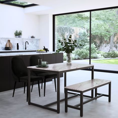 Avenue Dining Table, Bench & 2 Ricco Chairs, Grey Marble Effect & Black Steel, Black Classic Velvet, 120cm