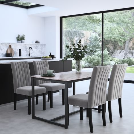 Avenue Dining Table & 4 Salisbury Chairs, Grey Marble Effect & Black Steel, Grey Classic Velvet & Black Solid Hardwood, 120cm