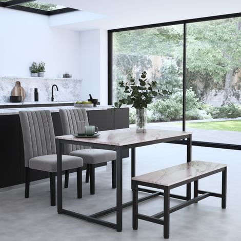 Avenue Dining Table, Bench & 2 Salisbury Chairs, Grey Marble Effect & Black Steel, Grey Classic Velvet, Black Solid Hardwood, 120cm
