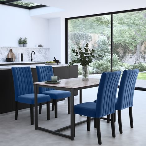 Avenue Dining Table & 4 Salisbury Chairs, Grey Marble Effect & Black Steel, Blue Classic Velvet & Black Solid Hardwood, 120cm