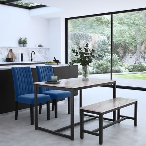 Avenue Dining Table, Bench & 2 Salisbury Chairs, Grey Marble Effect & Black Steel, Blue Classic Velvet, Black Solid Hardwood, 120cm