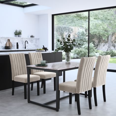 Avenue Dining Table & 4 Salisbury Chairs, Grey Marble Effect & Black Steel, Champagne Classic Velvet & Black Solid Hardwood, 120cm