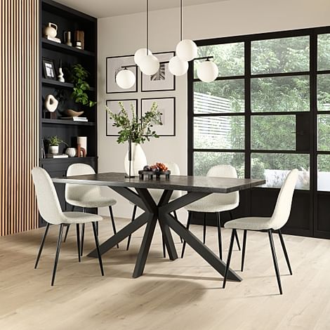 Madison Dining Table & 6 Brooklyn Chairs, Black Oak Effect & Black Steel, Ivory Boucle Fabric, 160cm