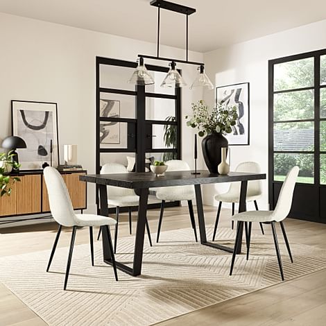 Addison Dining Table & 6 Brooklyn Chairs, Black Oak Effect & Black Steel, Ivory Boucle Fabric, 150cm