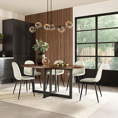 Newbury Oval Industrial Dining Table & 6 Brooklyn Chairs, Walnut Effect & Black Steel, Ivory Boucle Fabric, 180cm