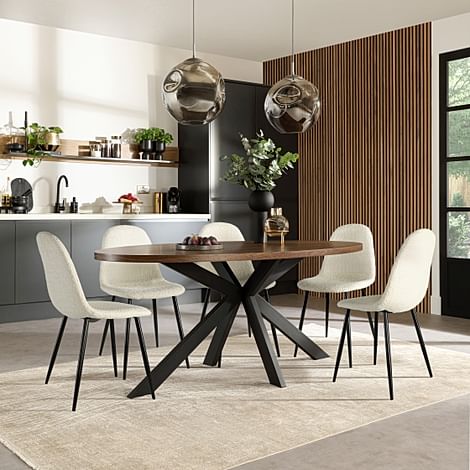 Madison Oval Industrial Dining Table & 6 Brooklyn Chairs, Walnut Effect & Black Steel, Ivory Boucle Fabric, 180cm