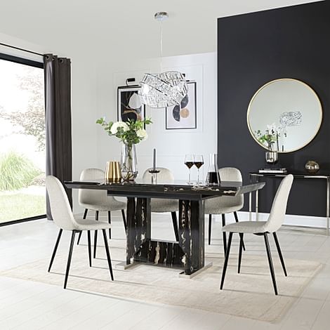 Florence Extending Dining Table & 4 Brooklyn Chairs, Black Marble Effect, Light Grey Boucle Fabric & Black Steel, 120-160cm