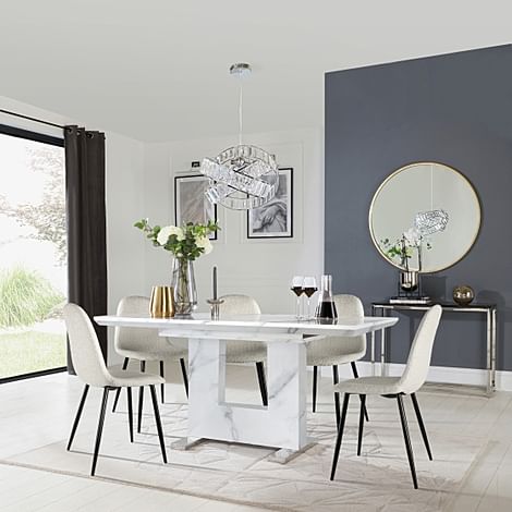 Florence Extending Dining Table & 4 Brooklyn Chairs, White Marble Effect, Light Grey Boucle Fabric & Black Steel, 120-160cm