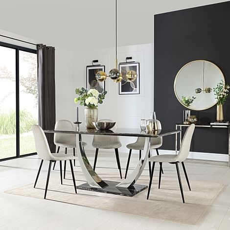 Peake Dining Table & 6 Brooklyn Chairs, Black Marble Effect & Chrome, Light Grey Boucle Fabric & Black Steel, 160cm