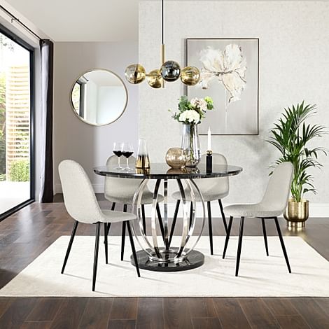 Savoy Round Dining Table & 4 Brooklyn Chairs, Black Marble Effect & Chrome, Light Grey Boucle Fabric & Black Steel, 120cm