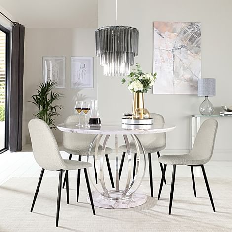 Savoy Round Dining Table & 4 Brooklyn Chairs, Grey Marble Effect & Chrome, Light Grey Boucle Fabric & Black Steel, 120cm