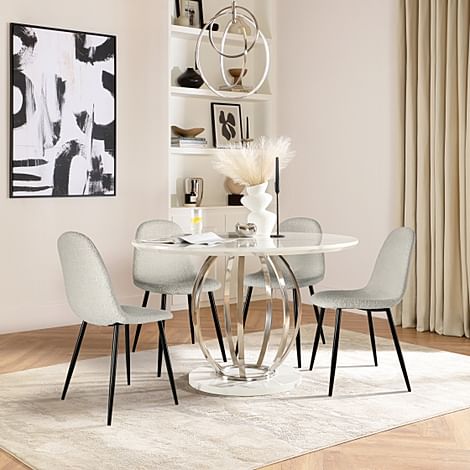 Savoy Round Dining Table & 4 Brooklyn Chairs, White Marble Effect & Chrome, Light Grey Boucle Fabric & Black Steel, 120cm
