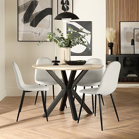 Newark Round Dining Table & 4 Brooklyn Chairs, Light Oak Effect & Black Steel, Light Grey Boucle Fabric, 110cm