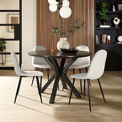 Newark Round Dining Table & 4 Brooklyn Chairs, Black Oak Effect & Black Steel, Light Grey Boucle Fabric, 110cm