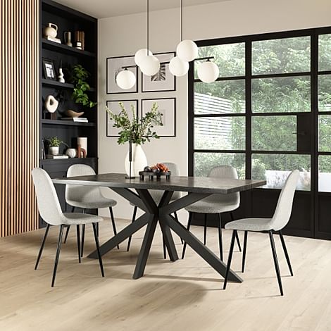 Madison Dining Table & 6 Brooklyn Chairs, Black Oak Effect & Black Steel, Light Grey Boucle Fabric, 160cm