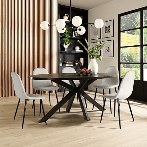 Madison Oval Dining Table & 6 Brooklyn Chairs, Black Oak Effect & Black Steel, Light Grey Boucle Fabric, 180cm