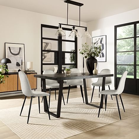 Addison Dining Table & 6 Brooklyn Chairs, Black Oak Effect & Black Steel, Light Grey Boucle Fabric, 150cm