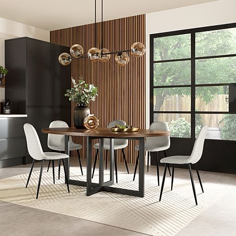 Newbury Oval Industrial Dining Table & 6 Brooklyn Chairs, Walnut Effect & Black Steel, Light Grey Boucle Fabric, 180cm