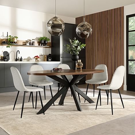 Madison Oval Industrial Dining Table & 6 Brooklyn Chairs, Walnut Effect & Black Steel, Light Grey Boucle Fabric, 180cm