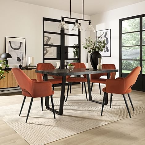 Addison Dining Table & 4 Clara Chairs, Black Oak Effect & Black Steel, Burnt Orange Classic Velvet, 150cm