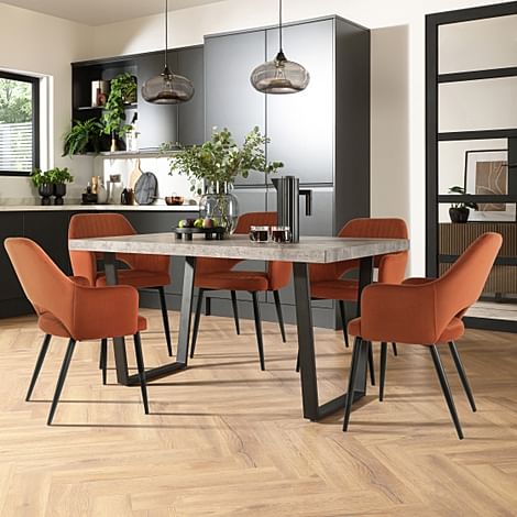 Addison Industrial Dining Table & 4 Clara Chairs, Grey Concrete Effect & Black Steel, Burnt Orange Classic Velvet, 150cm