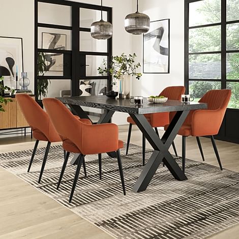 Franklin Dining Table & 4 Clara Chairs, Black Oak Effect & Black Steel, Burnt Orange Classic Velvet, 150cm