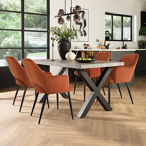 Franklin Industrial Dining Table & 4 Clara Chairs, Grey Concrete Effect & Black Steel, Burnt Orange Classic Velvet, 150cm