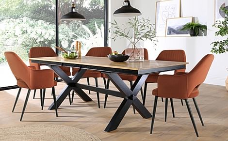 Grange Extending Dining Table & 4 Clara Chairs, Natural Oak Veneer & Black Solid Hardwood, Burnt Orange Classic Velvet & Black Steel, 180-220cm