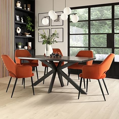 Madison Dining Table & 4 Clara Chairs, Black Oak Effect & Black Steel, Burnt Orange Classic Velvet, 160cm