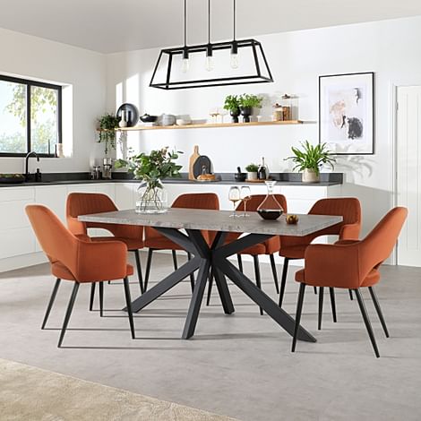 Madison Industrial Dining Table & 4 Clara Chairs, Grey Concrete Effect & Black Steel, Burnt Orange Classic Velvet, 160cm