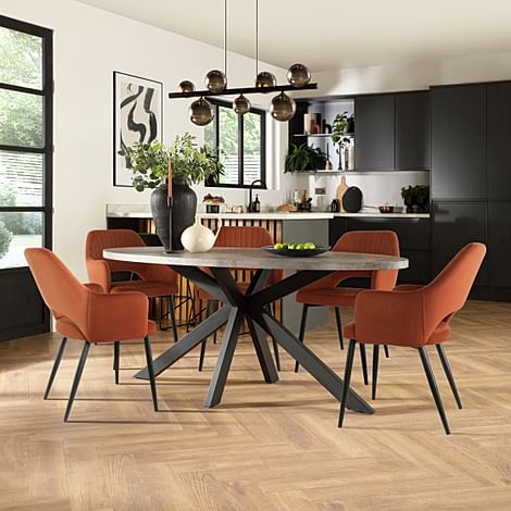 Madison Oval Industrial Dining Table & 4 Clara Chairs, Grey Concrete Effect & Black Steel, Burnt Orange Classic Velvet, 180cm