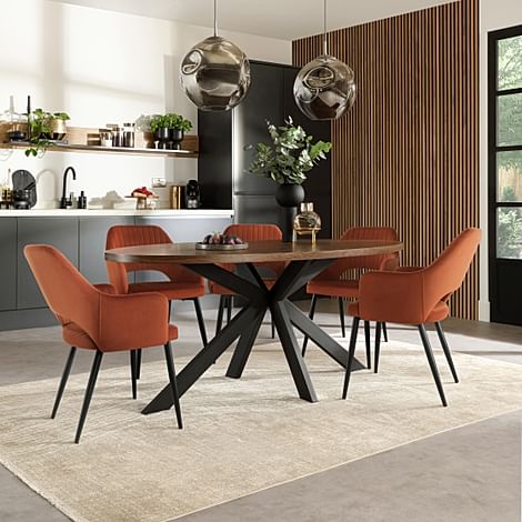 Madison Oval Industrial Dining Table & 6 Clara Chairs, Walnut Effect & Black Steel, Burnt Orange Classic Velvet, 180cm