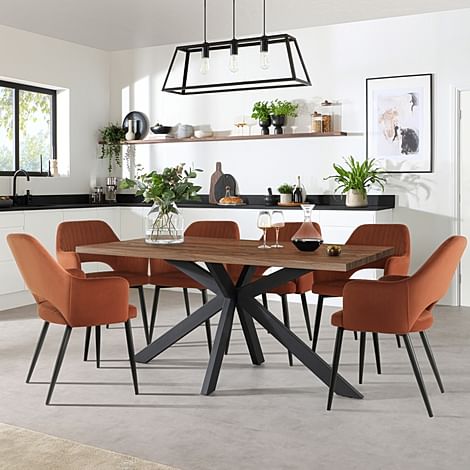 Madison Industrial Dining Table & 4 Clara Chairs, Walnut Effect & Black Steel, Burnt Orange Classic Velvet, 160cm