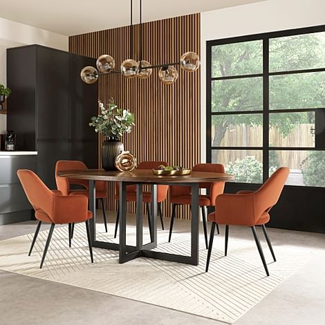 Newbury Oval Industrial Dining Table & 6 Clara Chairs, Walnut Effect & Black Steel, Burnt Orange Classic Velvet, 180cm