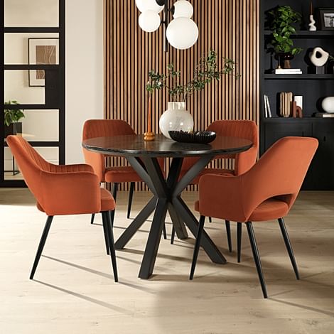 Newark Round Dining Table & 4 Clara Chairs, Black Oak Effect & Black Steel, Burnt Orange Classic Velvet, 110cm