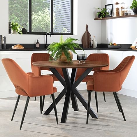 Newark Round Industrial Dining Table & 4 Clara Chairs, Walnut Effect & Black Steel, Burnt Orange Classic Velvet, 110cm