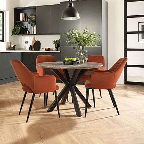 Newark Round Industrial Dining Table & 4 Clara Chairs, Grey Concrete Effect & Black Steel, Burnt Orange Classic Velvet, 110cm