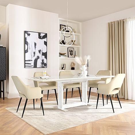 Tokyo Extending Dining Table & 4 Clara Chairs, White Marble Effect, Ivory Classic Plush Fabric & Black Steel, 160-220cm