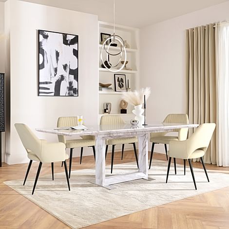 Tokyo Extending Dining Table & 4 Clara Chairs, Grey Marble Effect, Ivory Classic Plush Fabric & Black Steel, 160-220cm