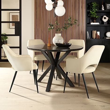 Newark Round Dining Table & 4 Clara Chairs, Black Oak Effect & Black Steel, Ivory Classic Plush Fabric, 110cm