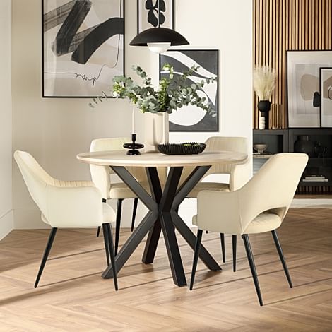Newark Round Dining Table & 4 Clara Chairs, Light Oak Effect & Black Steel, Ivory Classic Plush Fabric, 110cm