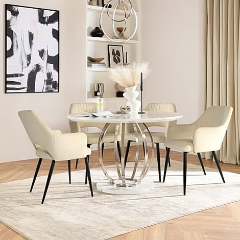 Savoy Round Dining Table & 4 Clara Chairs, White Marble Effect & Chrome, Ivory Classic Plush Fabric & Black Steel, 120cm