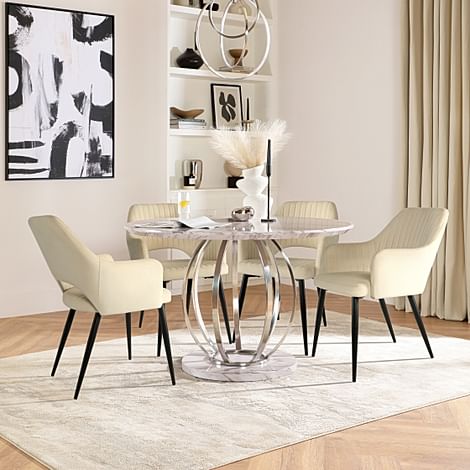 Savoy Round Dining Table & 4 Clara Chairs, Grey Marble Effect & Chrome, Ivory Classic Plush Fabric & Black Steel, 120cm